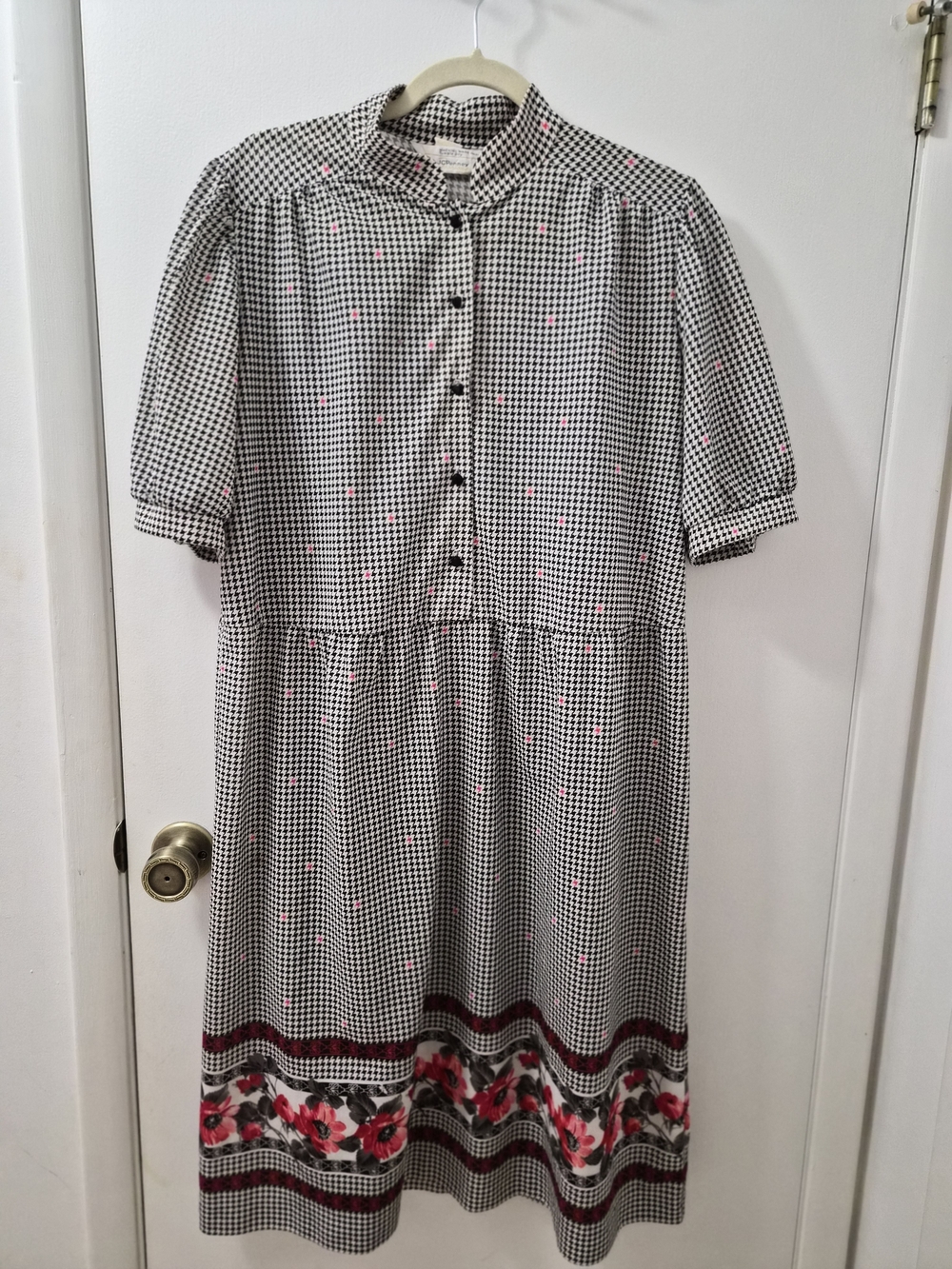 jcpenney Black & White Gingham Midi Dress with Pink Floral Border